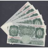 BANK NOTES £1 Green early L K O'Brien Britannia notes, uncirculated run of 5 notes,