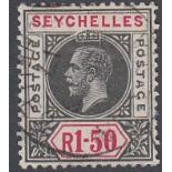 SEYCHELLES STAMPS 1912 1r50 Black and Carmine "Split A" ,