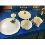 CRESTED CHINA, W H Goss, five pieces, including puzzle jug, Sandgate plates etc.