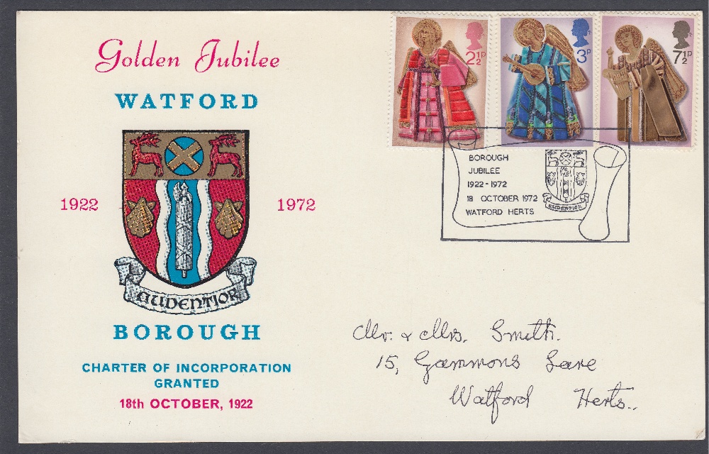 FIRST DAY COVER 1972 Christmas set on Borough of Watford card Cat £150