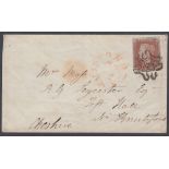 GREAT BRITAIN STAMPS 1843 Penny Red on small envelope, four margin example tied by No 5 in MX,