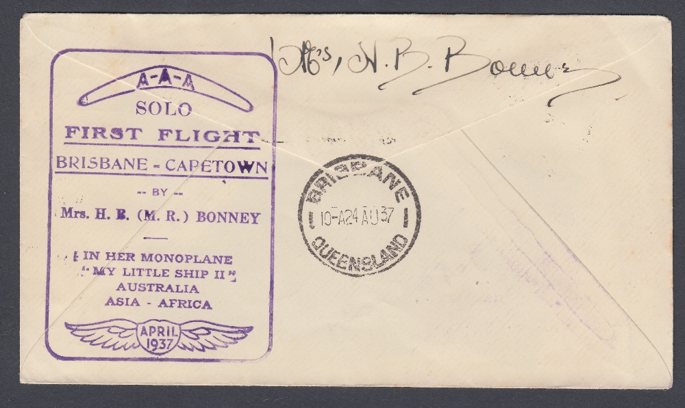 POSTAL HISTORY AUSTRLIA, 1937 Brisbane to Capetown flight by Mrs H B Bonney. - Image 2 of 2