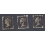 GREAT BRITAIN STAMPS : Three Penny Blacks from plate 9 (PK, AD,