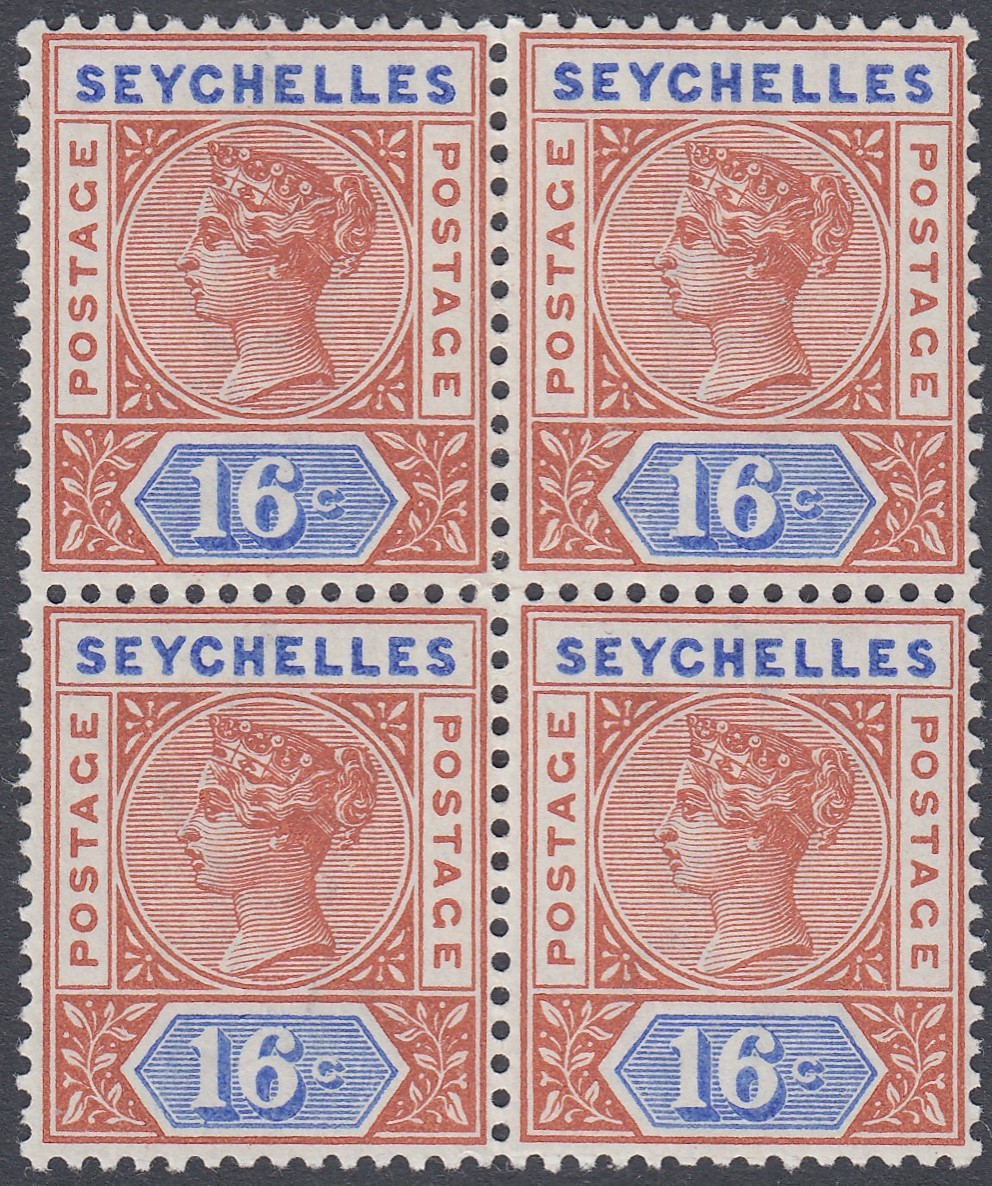 SEYCHELLES STAMPS 1892 16c Chestnut and Ultramarine Die II, fine mounted mint block of 4,