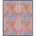 SEYCHELLES STAMPS 1892 16c Chestnut and Ultramarine Die II, fine mounted mint block of 4,