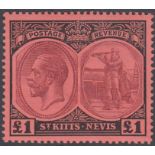 ST KITTS-NEVIS STAMPS 1922 £1 purple and black/red mounted mint SG 36 Cat £300