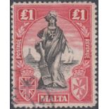 MALTA STAMPS 1922 £1 Black and Carmine- Red fine used Wmk Sideways SG 139 Cat £350