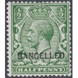 GREAT BRITAIN STAMPS : 1912 1/2d Green over printed CANCELLED Type 24,