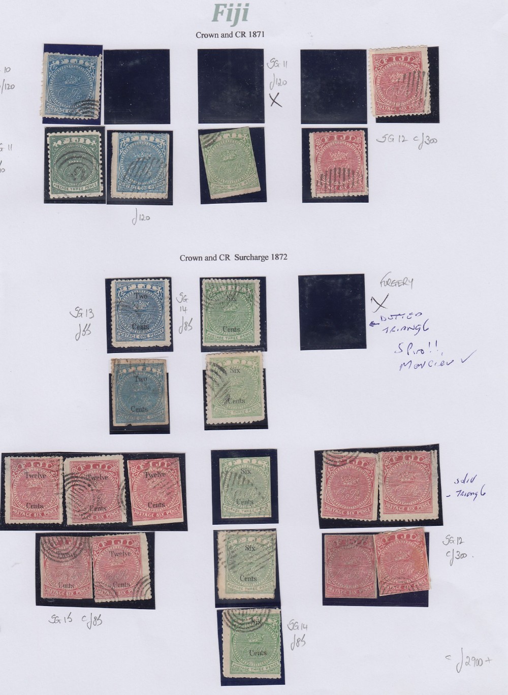 FIJI STAMPS Early classics on homemade pages, high Cat Val,