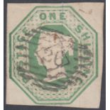 GREAT BRITAIN STAMPS : 1847 1/- Green (embossed) fine used four margins die number unclear SG 55