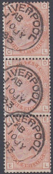 GREAT BRITAIN STAMPS : 1881 1/- Orange Brown, vertical used strip of three,