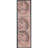 GREAT BRITAIN STAMPS : 1881 1/- Orange Brown, vertical used strip of three,