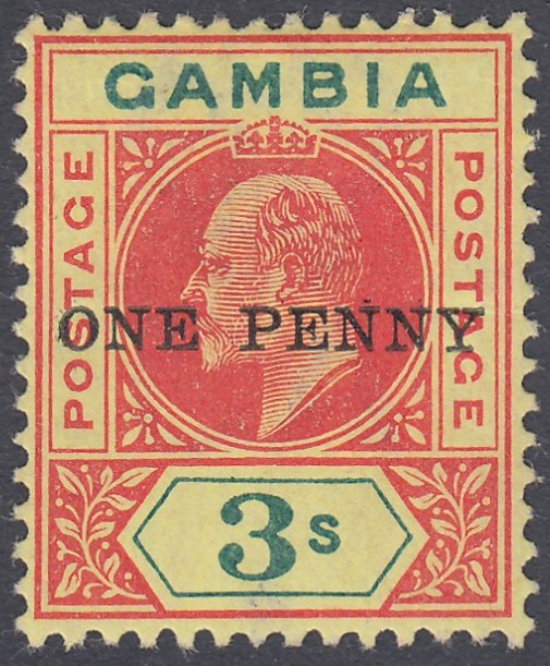 GAMBIA STAMPS 1906 1d on 3/- Carmine Green,