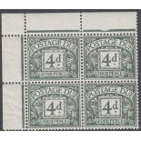 GREAT BRITAIN STAMPS : 1937 4d Dull Grey Green postage due, mint marginal block of 4,