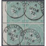 GREAT BRITAIN STAMPS : 1871 1/- green fine used block of four SG 117