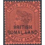SOMALILAND STAMPS 1903 12a Purple/Red mounted mint example with SOMAL.