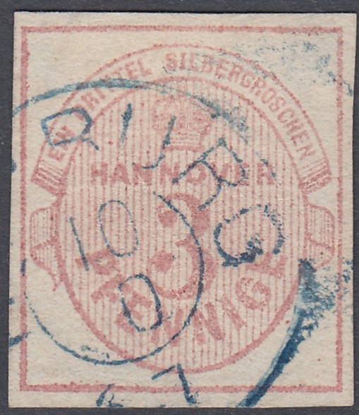 STAMPS HANOVER, 1853 3pf pale rose, imperf with four margins.