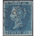 GREAT BRITIAN STAMPS : 1841 2d Blue, fine four margin example (QD) cancelled by No 6 in MX.