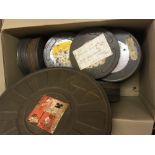 Large box containing old metal film cans from BBC, some with parts of original labels,