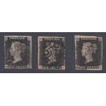 GREAT BRITAIN STAMPS : Three Penny Blacks from plate 9 (TJ corner thin, QE,