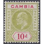 GAMBIA STAMPS 1909 10d Pale Sage Green and Carmine "Dented Frame Variety",