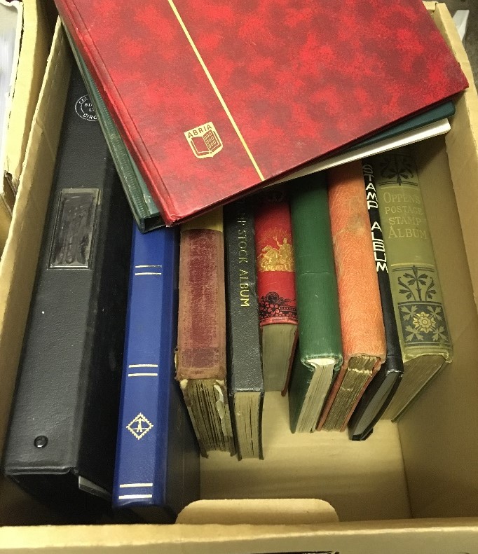 STAMPS Box of various albums and stock books, looks to be some reasonable material here,