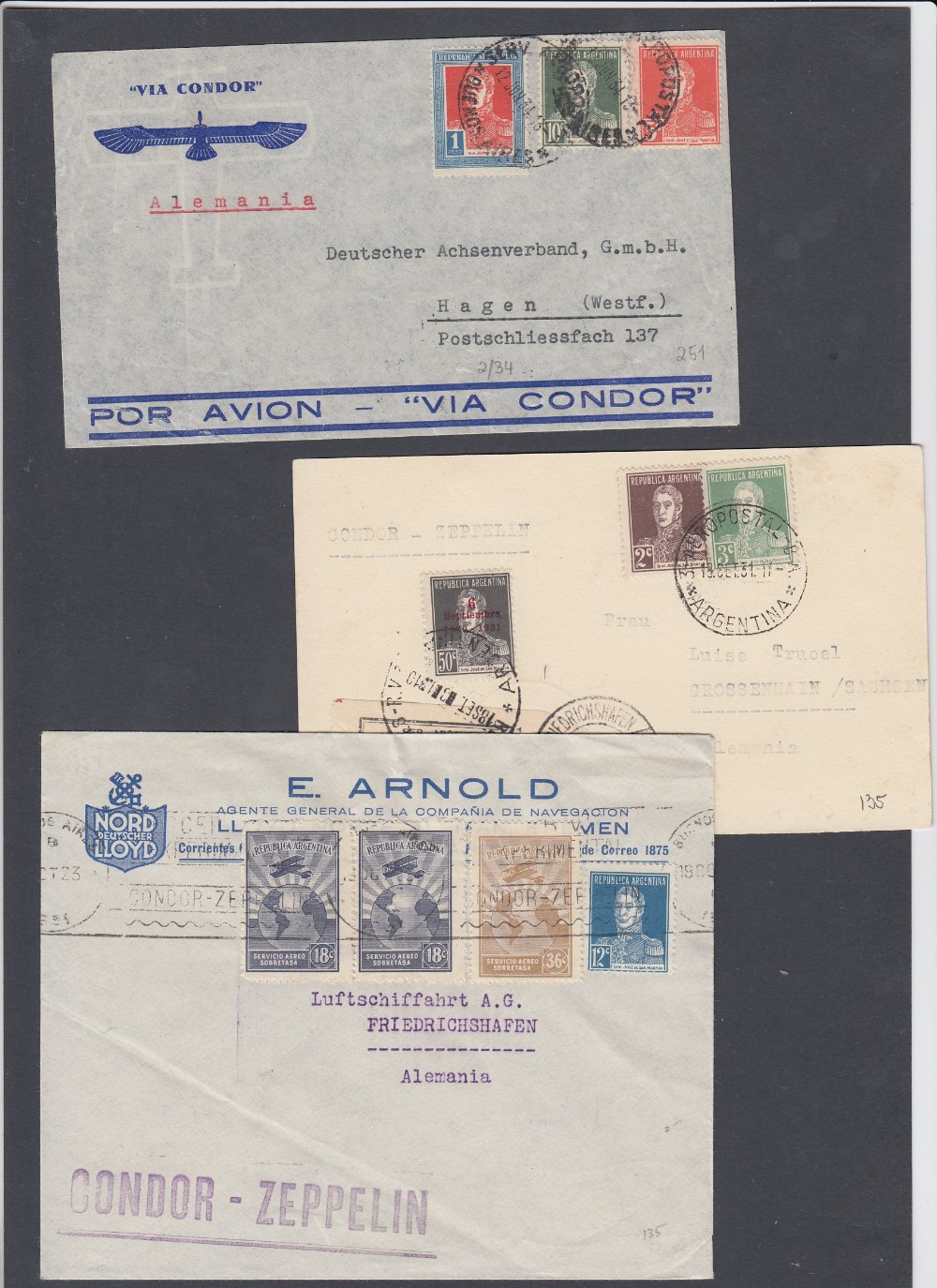 POSTAL HISTORY ARGENTINA, three covers all flown by Graf Zeppelin to Friedrichshafen, Germany.