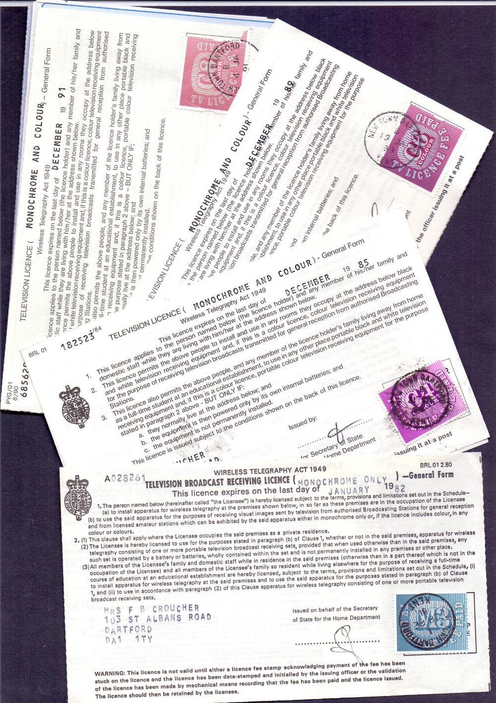 Twelve TV Licenses all issued in Dartford between 1982 & 1997, each with a licence stamp.