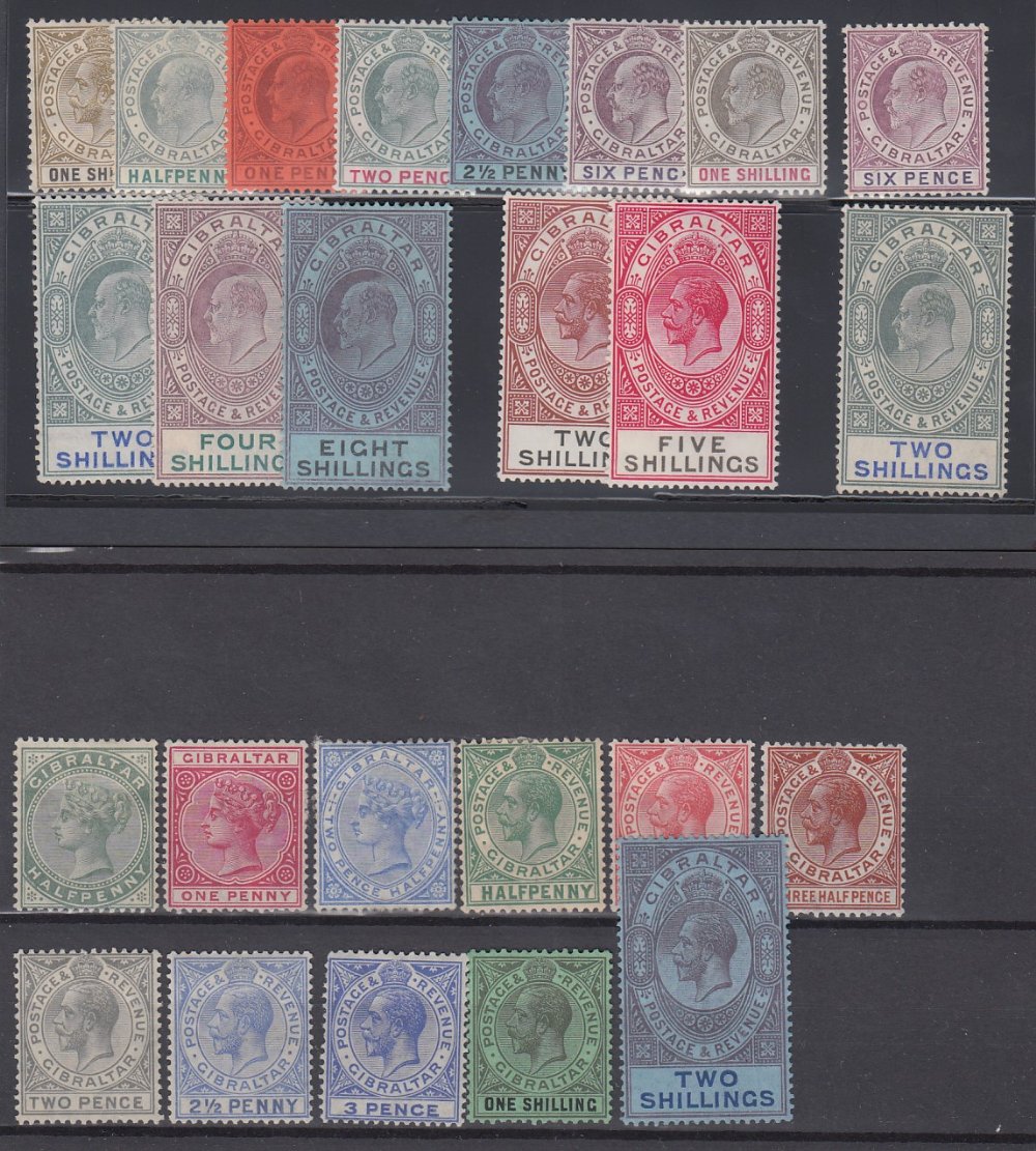 GIBRALTAR STAMPS QV to GV mounted mint issues on two stock cards, EDVII 2/-, 4/- and 8/-,