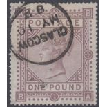 GREAT BRITAIN STAMPS : 1878 £1 Brown Lilac (BA), very fine used cancelled by Glasgow CDS.