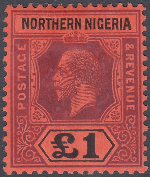 STAMPS 1912 Northern Nigeria £1 purple and black/red mounted mint SG 52 Cat £180