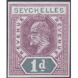 SEYCHELLES STAMPS 1905 1d Revenue COLOUR TRIAL in purple and deep green, lightly mounted mint,