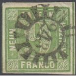 STAMPS BAVARIA, 1850-58 9k deep yellow-green, fine used with four margins, SG 17.