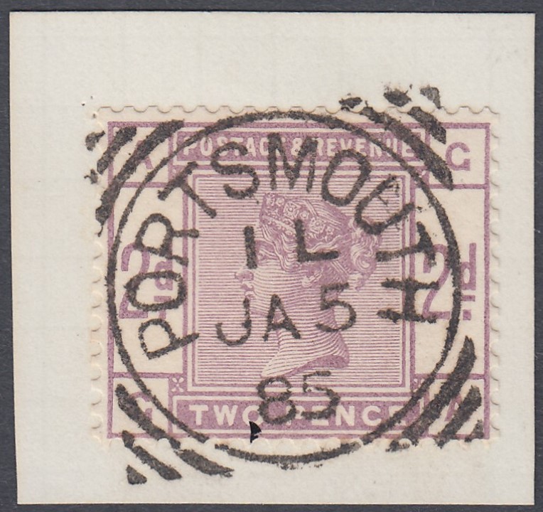 GREAT BRITAIN STAMPS : 1884 2d Lilac on a small piece of DLR record sheet tied by a Portsmouth IL