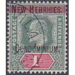 NEW HEBRIDES STAMPS 1908 1/- Green and Carmine wmk Crown CA,