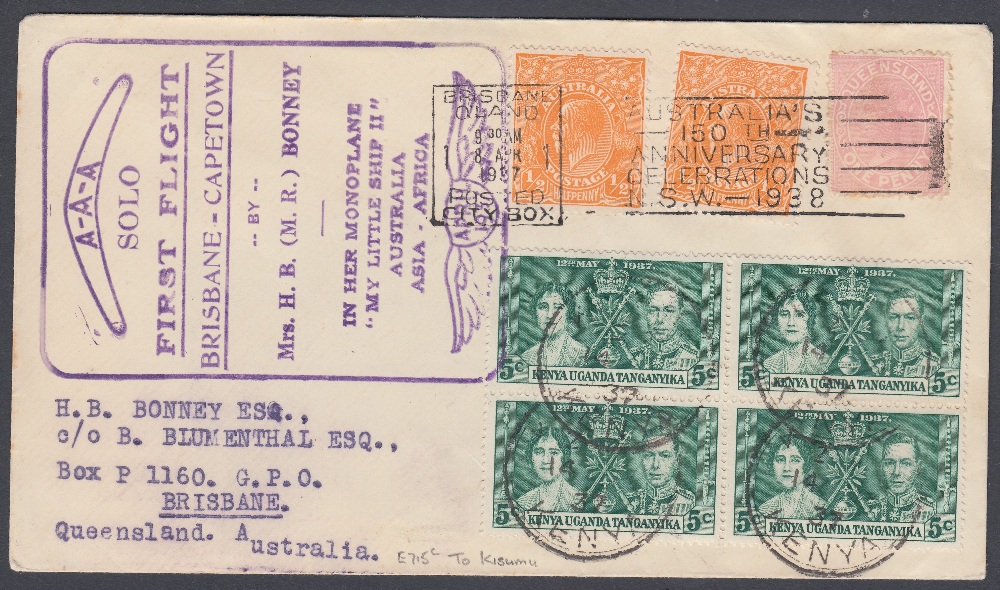 POSTAL HISTORY AUSTRLIA, 1937 Brisbane to Capetown flight by Mrs H B Bonney.