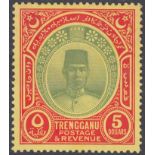 MALAYA STAMPS 1938 Trengganu $5 Green and Red/Yellow, mounted mint,