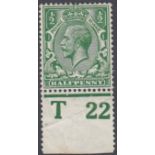 GREAT BRITAIN STAMPS : 1912 1/2d Deep Colbalt Green T22 control single,