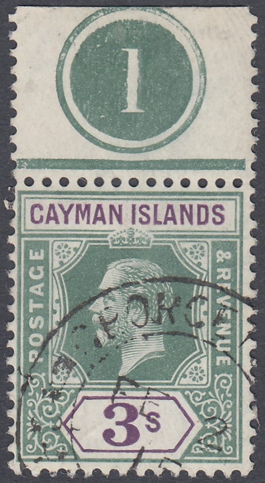 CAYMAN STAMPS 1912 3/- Green and Violet, fine used with Plate number.