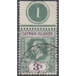 CAYMAN STAMPS 1912 3/- Green and Violet, fine used with Plate number.