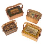 A COLLECTION OF FOUR TUNBRIDGE OR BRIGHTON WARE MINIATURE SEWING BOXES, CIRCA 1820-1865