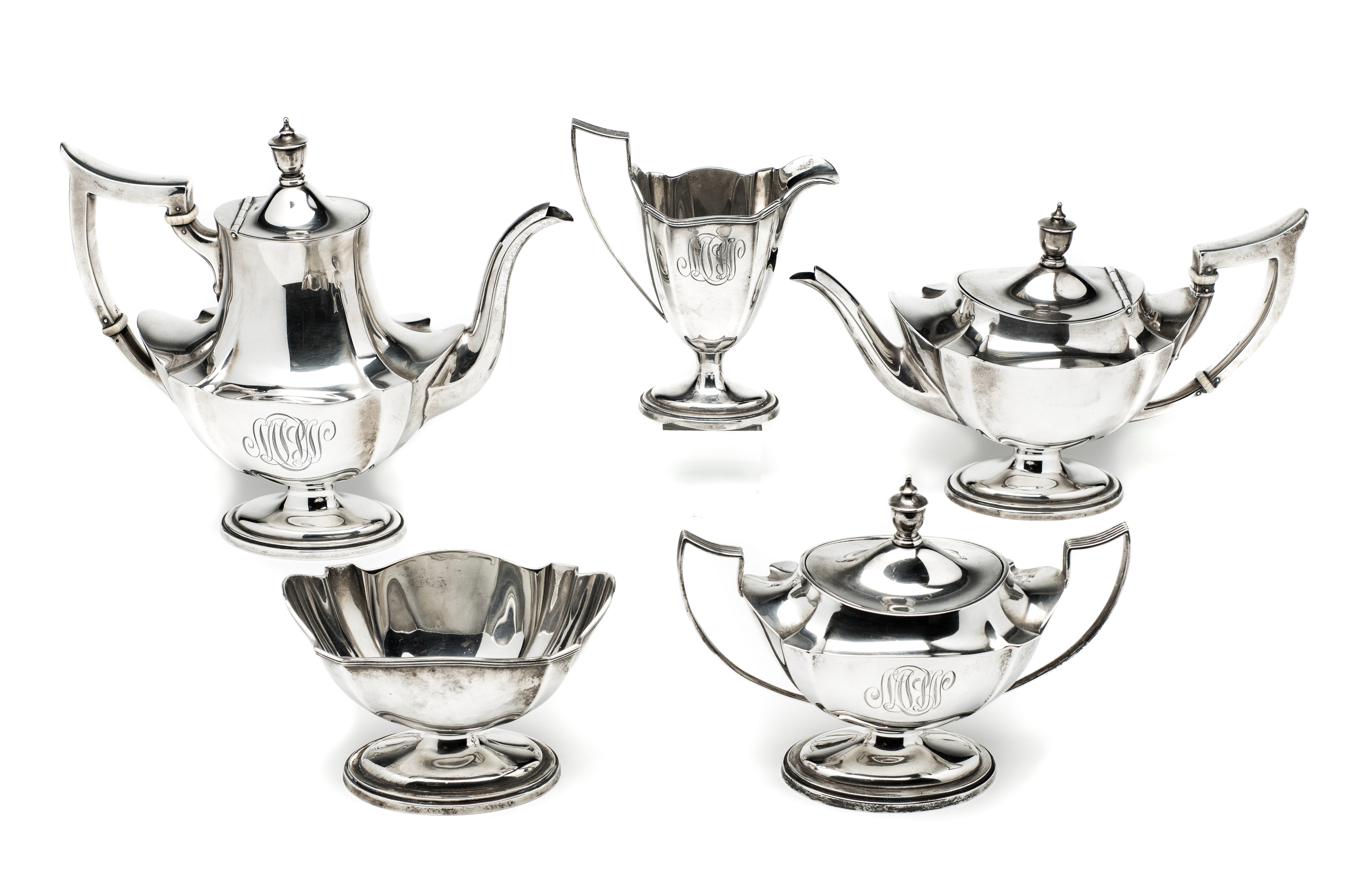 ˜AN AMERICAN SILVER FIVE-PIECE TEA AND COFFEE SET, GORHAM MANUFACTURING CO., PROVIDENCE RI, 1915