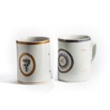 TWO CHINESE EXPORT PORCELAIN MUGS, EARLY 19TH CENTURY, each cylindrical with entwined reeded handles