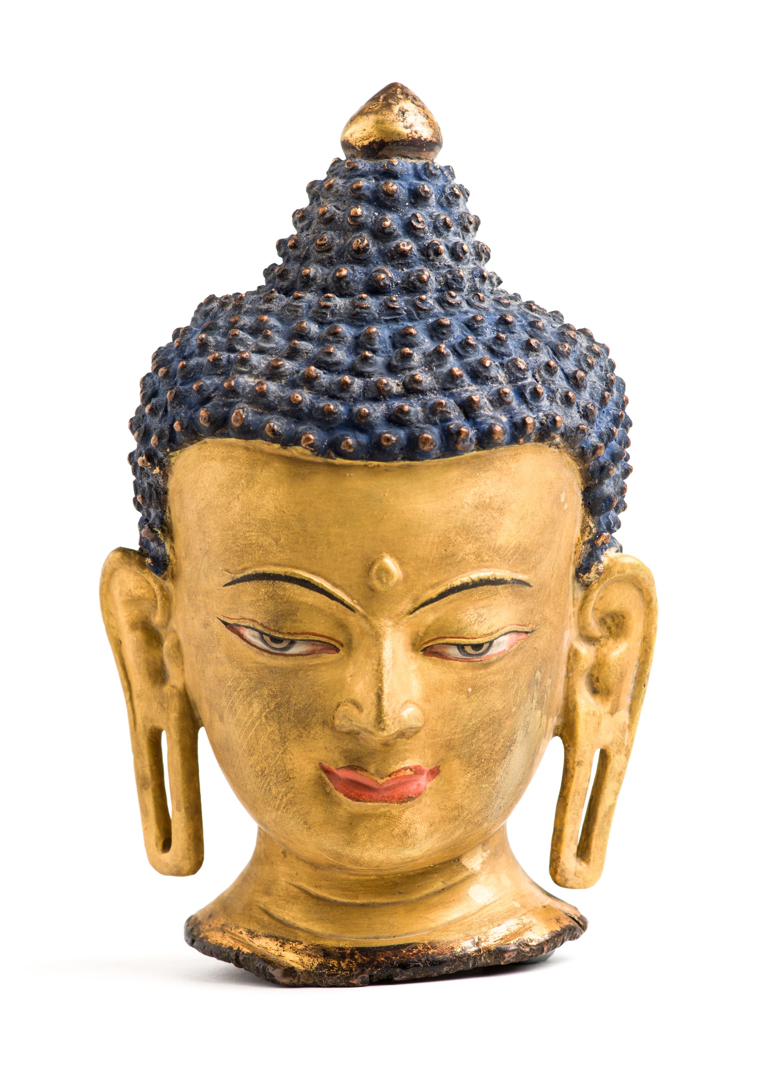 A BRONZE GILT-BRONZE HEAD OF BUDDHA, TIBET, 19TH CENTURY