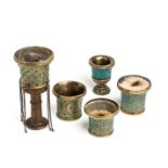 A GROUP OF FIVE INLAID BRASS GHALIAN CUPS, PERSIA, CIRCA 1900