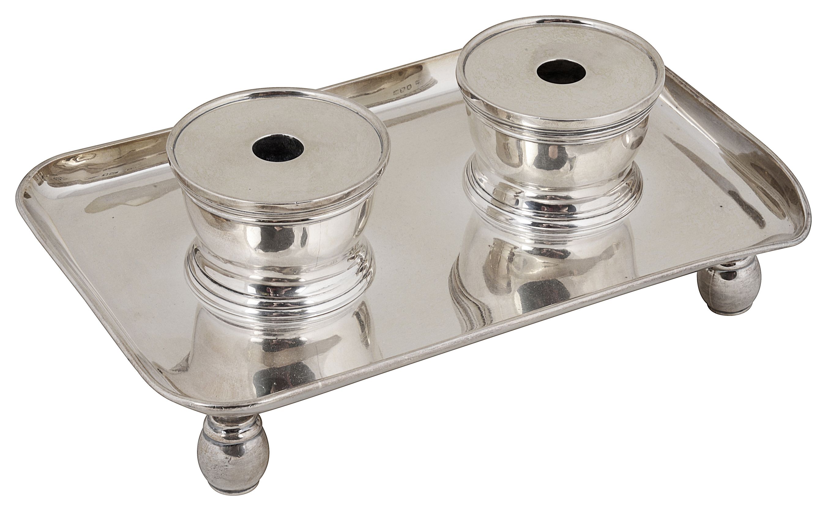 A GEORGE V SILVER TWO-BOTTLE INKSTAND, LAMBERT & CO., LONDON, 1914