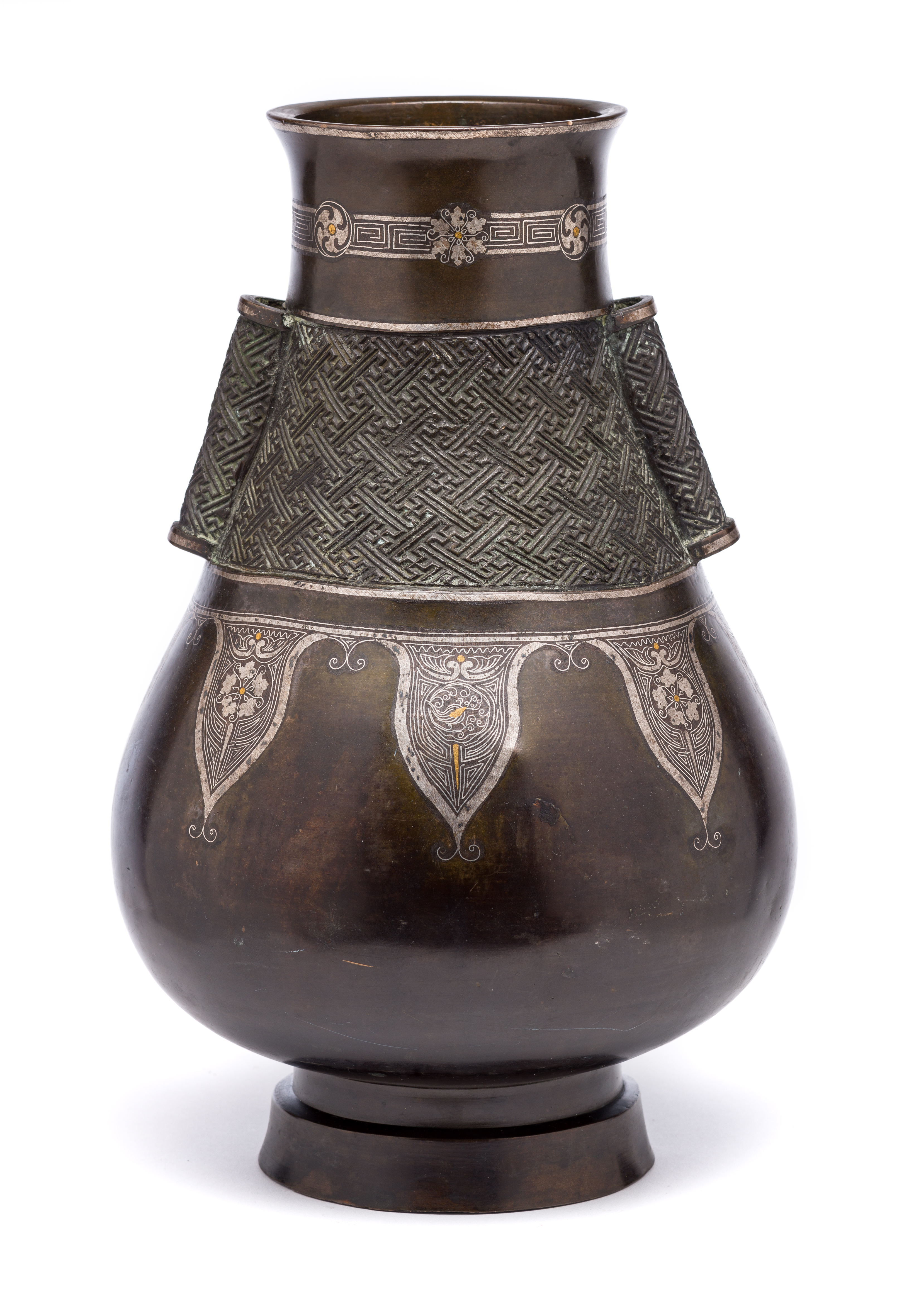 A CHINESE GOLD AND SILVER INLAID BRONZE VASE, HU, LATE QING DYNASTY, CIRCA 1900