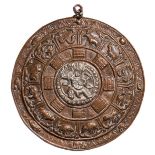 A COPPER REPOUSSE ZODIAC MANDALA, TIBET, 19TH CENTURY