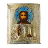 A RUSSIAN PARCEL-GILT-SILVER AND CLOISONNE ENAMEL MOUNTED ICON OF CHRIST PANTOCRATOR, SYLVESTER GERA