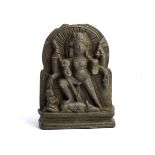 A SMALL BLACK STONE PLAQUE DEPICTING DURGA MAHISASURAMARDINI, KASHMIR, CIRCA 9TH CENTURY